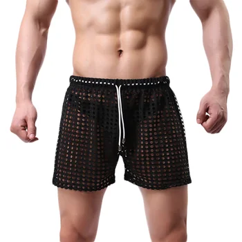 

Casual Men Middle Waist Pants Sexy Hollow-out Mesh Solid Color Shorts