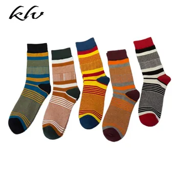 

5 Pairs Mens Color Block Fine Stripes Print Cotton Crew Socks Harajuku Hosiery