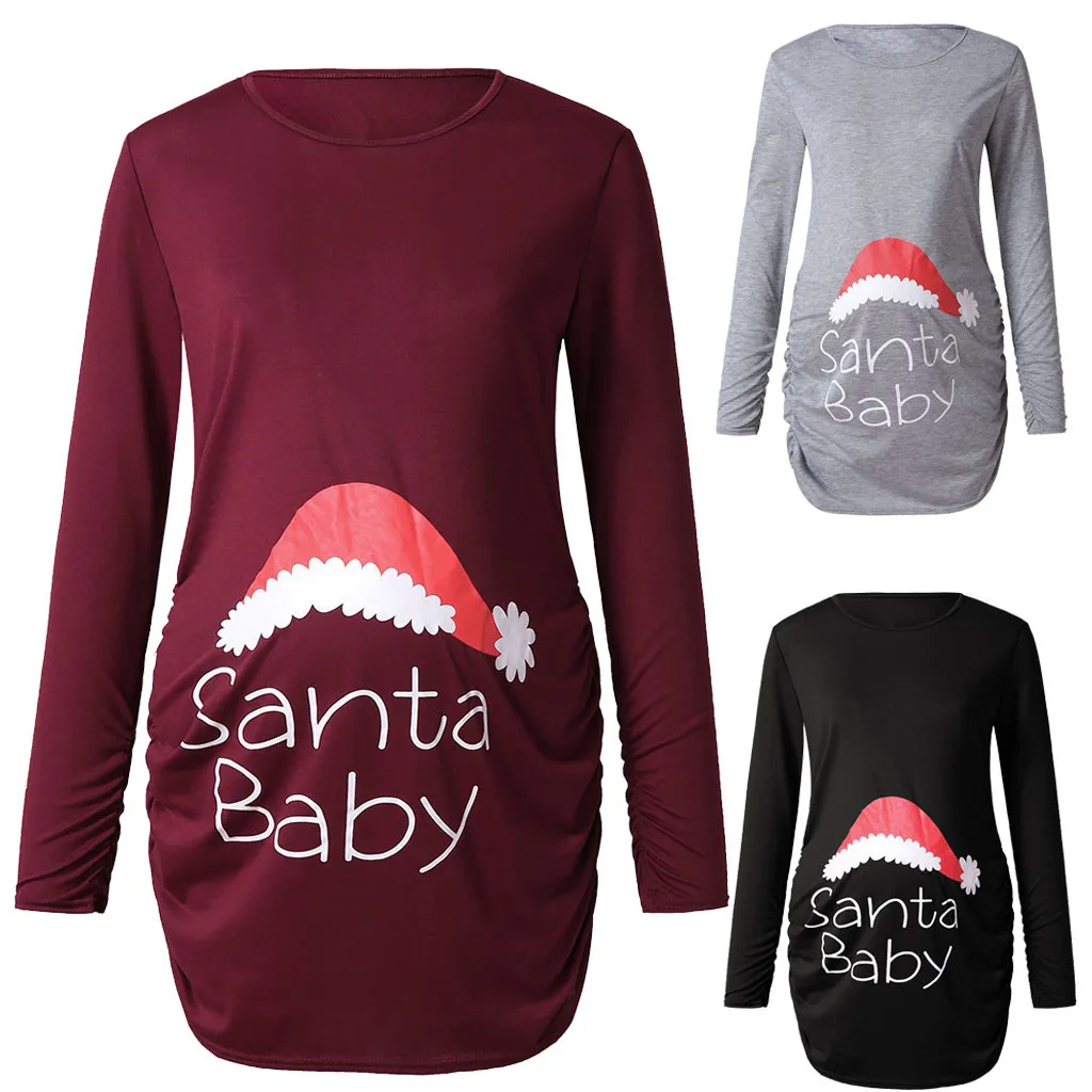 

pregnant clothes 2019 elegant Women's Print Christmas Side Ruched Long Sleeve Maternity Top Pregnancy Clothes camiseta embarazad