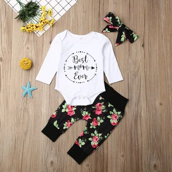 

Pudcoco Newborn Baby Girl Clothes Letter Print Long Sleeve Romper Tops Flower Print Long Pants Headband 3Pcs Outfits Clothes