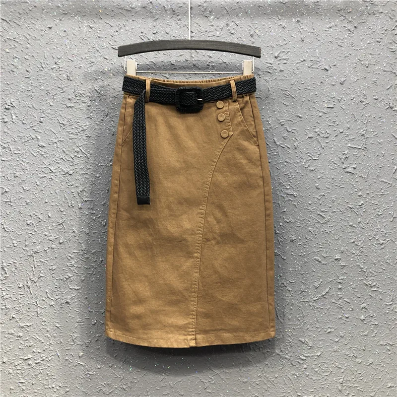 

Mid-length Denim Skirt Women's 2019 Autumn New Style Hong Kong Flavor Retro High-waisted Slimming Skirt One-step Skirt Fashion