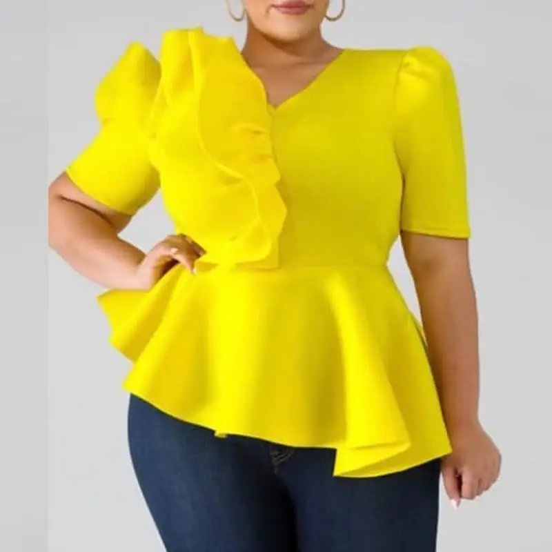 

Fall Yellow Ruffles Work Plus Size Blouse Women Tops Elegant Party Shirts Date Celebrate Peplum Blouse
