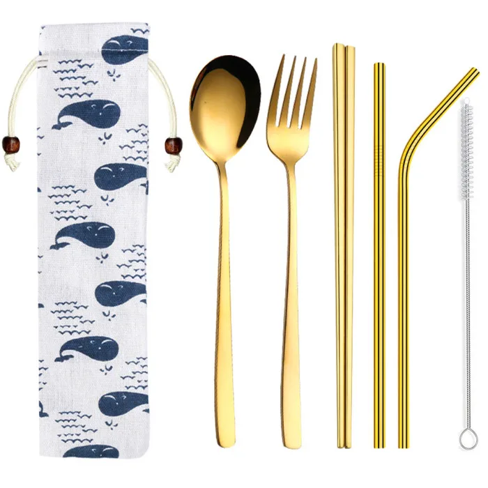 Stainless Steel Cutlery Set Five-piece Suit Linen Bag Tableware Travel Outdoor Office Picnic Barbecue D6