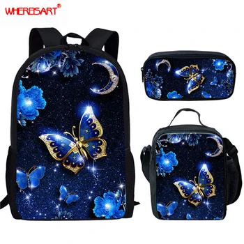 

WHEREISART Beauty Butterfly School Bags Set for Teenager Girls Children Backpack Primary Large School Book Bags Mochila Satchel