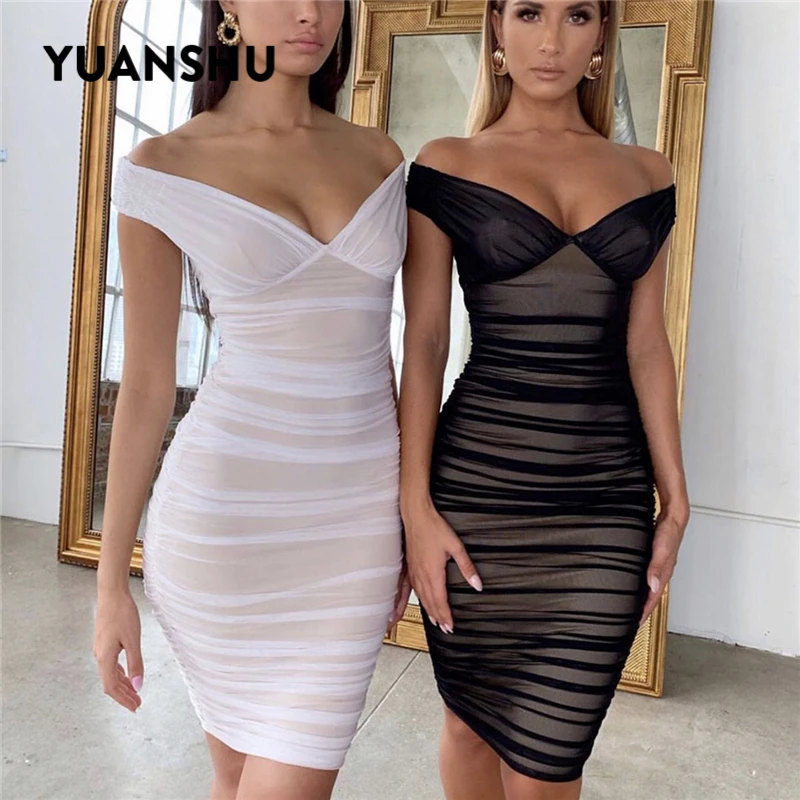 YUANSHU Sexy Mesh Party Dress Women Stretchy V Neck Off Shoulder Mini Ladies Elegant Bodycon Pleated Summer | Женская одежда