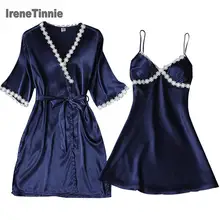 IRENE TINNIE ночная рубашка, комплект из 2 предметов, однотонная сексуальная пижама с глубоким v-образным вырезом и кружевной вышивкой, светильник, тонкая дышащая Пижама
