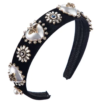

Baroque Black Velvet Wide Alloy Bee Heart Imitation Pearls Hairbands for Women Fashion Headbands Girl Hair Accessories