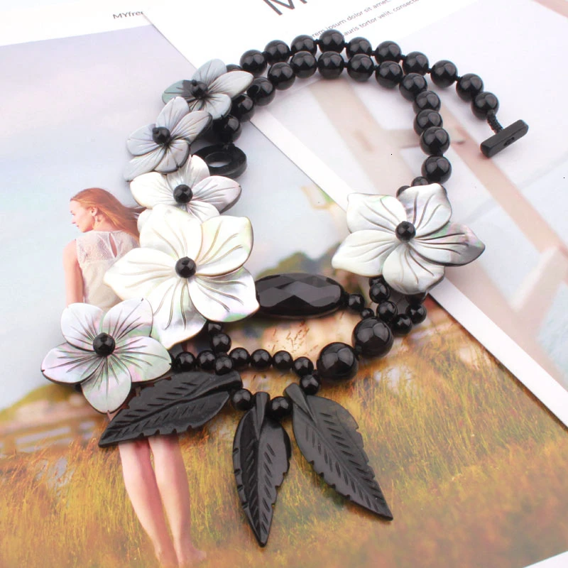 Натуральный круглый черный Агаты Морская раковина цветок преувеличенный дизайн модное длинное ожерелье для женщин Рождественский подарок ожерелье 45 см