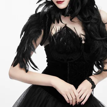 

Vintage Gothic Shawl Ultra Women Punk Stage Performance Chinese Knot Feather Decoration Pure Black Wild Female Scarves Coat