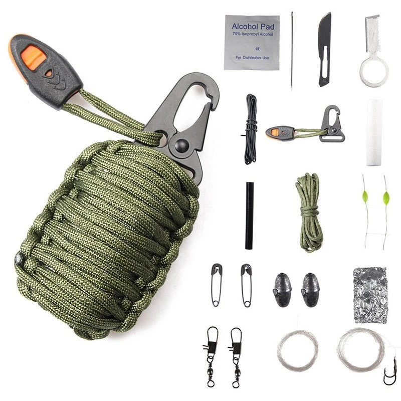 

Multifunction Outdoor Carabiner Paracord Survival Kit Keychain Fishing Fire Starter Umbrella Rope Keychain Woven Fish Bag