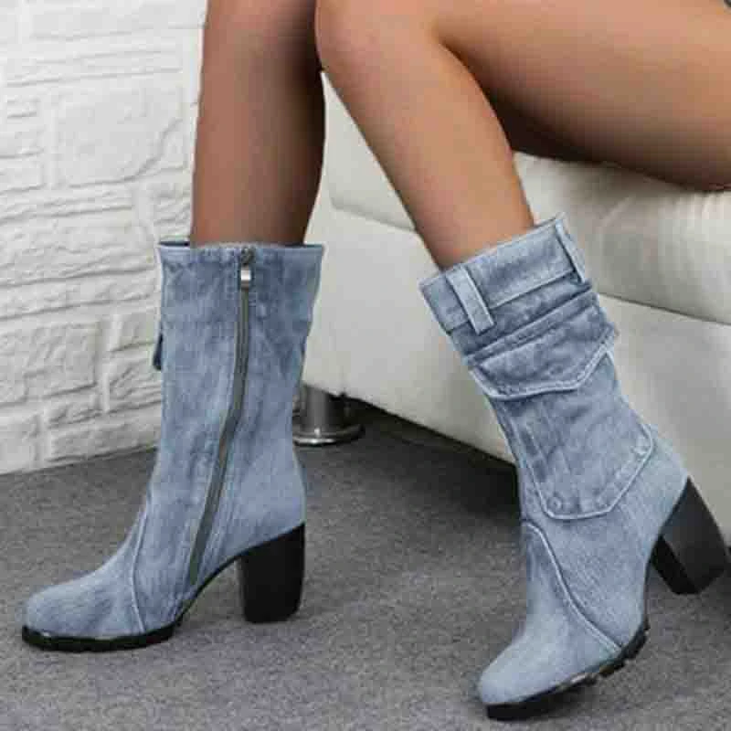 Popular y bonita Sexy Jean botas mujeres bota media pantorrilla alto Mujer con estilo botas mujer bota vaquera zapatos de mujer|Botas a media pantorrilla| - AliExpress