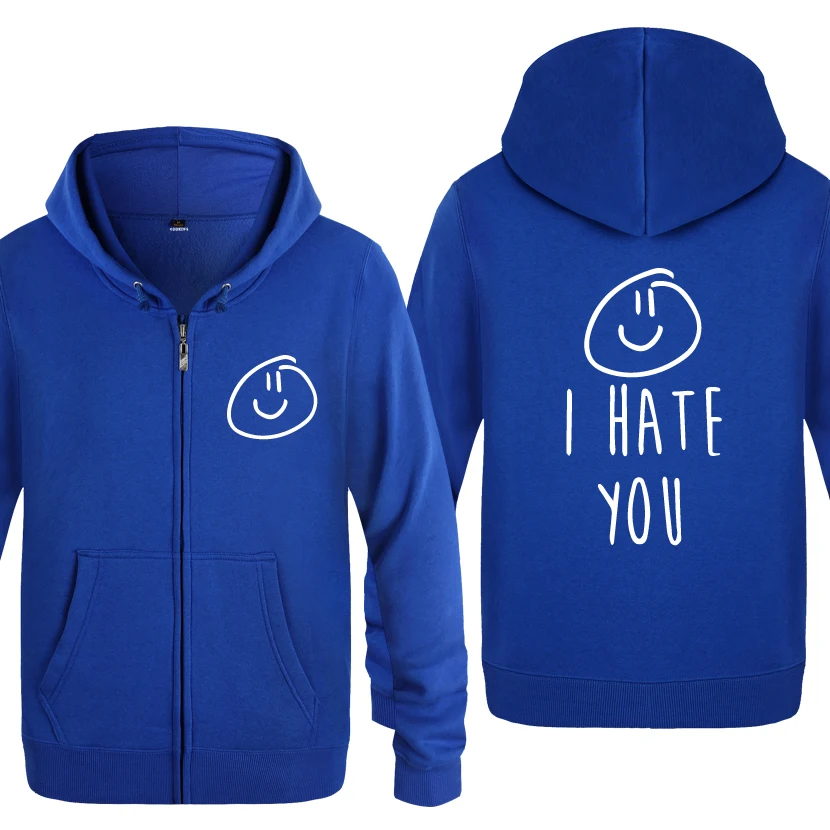 LAY BAT Забавный Милый мужской свитер с капюшоном на молнии с надписью I Hate You X Smiley Swag - Цвет: LAY BAT