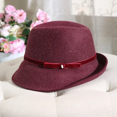Ретро Британский Джаз кепка шерсть Fedora зимняя женская шапка красный чародей шляпы вечерние жокейская Клубная шляпа Повседневная одежда - Цвет: Красный