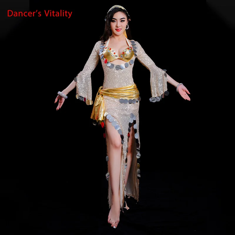 M Professional Bellydance Belly Dance Bellydancing Gold Lycra Skirt 