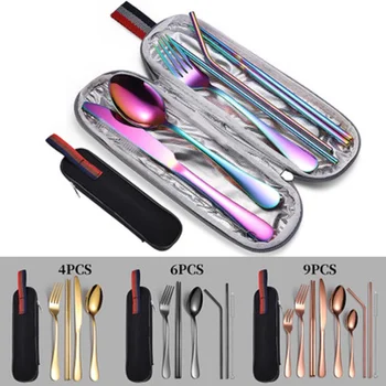 

Portable Dinnerware Set Travel Camping Cutlery Stainless Steel Chopsticks Reusable Metal Straw Spoon Fork Kitchen Accessories
