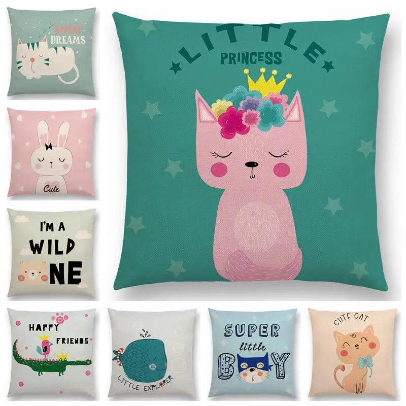 

Cute Cartoon Animals Good Life Happy Smile Warm Words Bear Shark Dinosaur Tiger Rabbit Cushion Cover Decorative Pillow Case