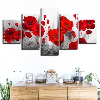 

Living Room Wall Art Framed Work 5 Pieces Canvas Printed Pictures Romantic Poppies Paintings Flowers Poster Modular Home Decor