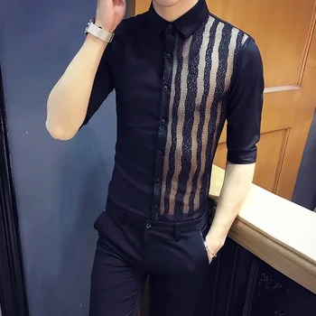 

Lace Patchwork See Through Shirt Men Sexy Night Club Party Casual Slim Fit Shirts Men Dress Streetwear Social Camisa Masculina