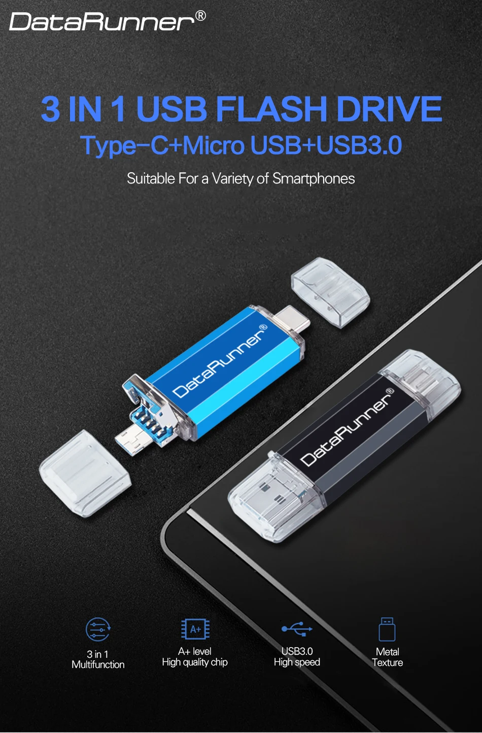 DataRunner OTG USB флеш-накопитель 3 в 1 type-C& Micro usb& флеш-накопитель USB 3,0 16 ГБ 32 ГБ 64 ГБ 128 ГБ 256 Гб флешки