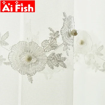 

Beaded Mesh Fabric Window Curtain Tulle Embroidery Flower Sheer Drapes European White Mosquito Net Living Room Curtains M189#5