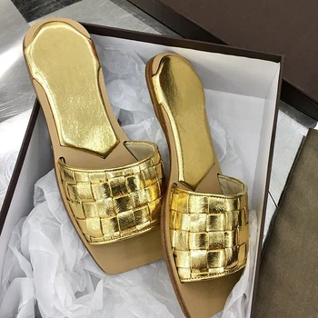 

Flat Leather Slippers Summer Hot Selling Beach Shoes Gold Black Real Leather Shoes Women Outdoor Mules slides