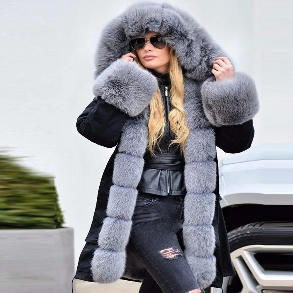 Newly Womens Faux Fur Winter Jacket Parka Hooded Coat Fishtail Overcoat Oversize Long Sleeves Coats Dropship Nov.2
