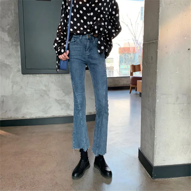 

HziriP High Waist Slimming Students Irregular Jeans Flare Pants Autumn Vintage Blue All-Match Denim Jeans Ankle-Length Trousers