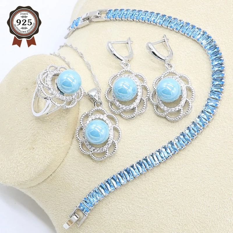 Conjunto de joyería de Color azul PERLA para mujer, con pulsera azul claro,  pendientes, collar, anillo colgante, caja de regalo|Conjuntos de joyería| -  AliExpress