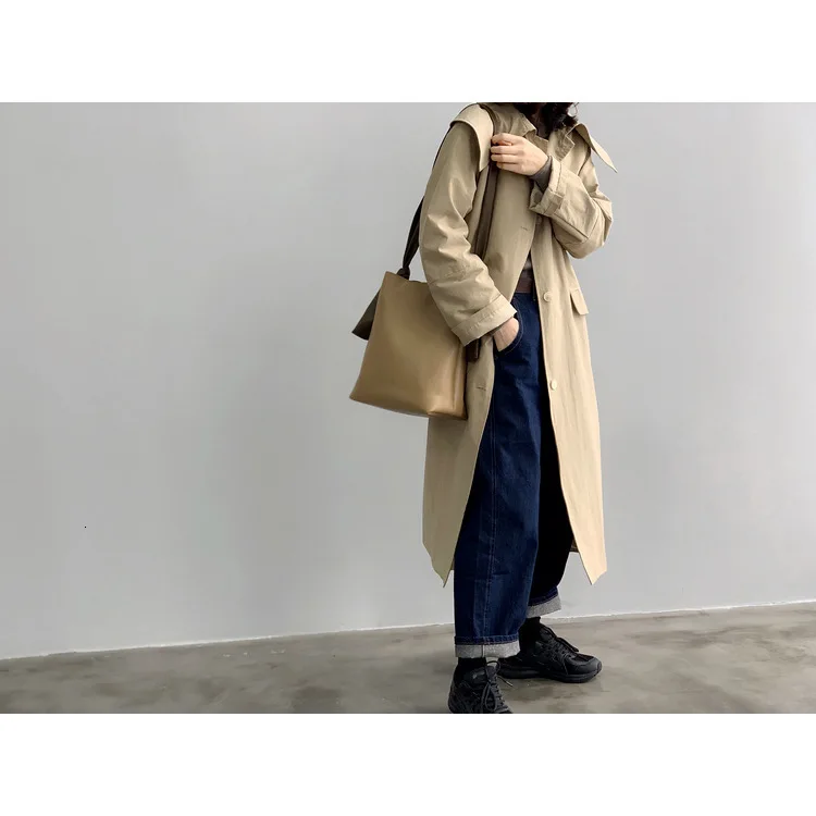 Autumn Winter Women Khaki Trench Coat Long Sleeve Turn Down Collar Overknee Long Thin Loose Coat With Belt