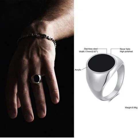 for Men, Stainless Steel Square Signet Ring, Black Enamel Men's Pinky Rings,Gents Jewelry