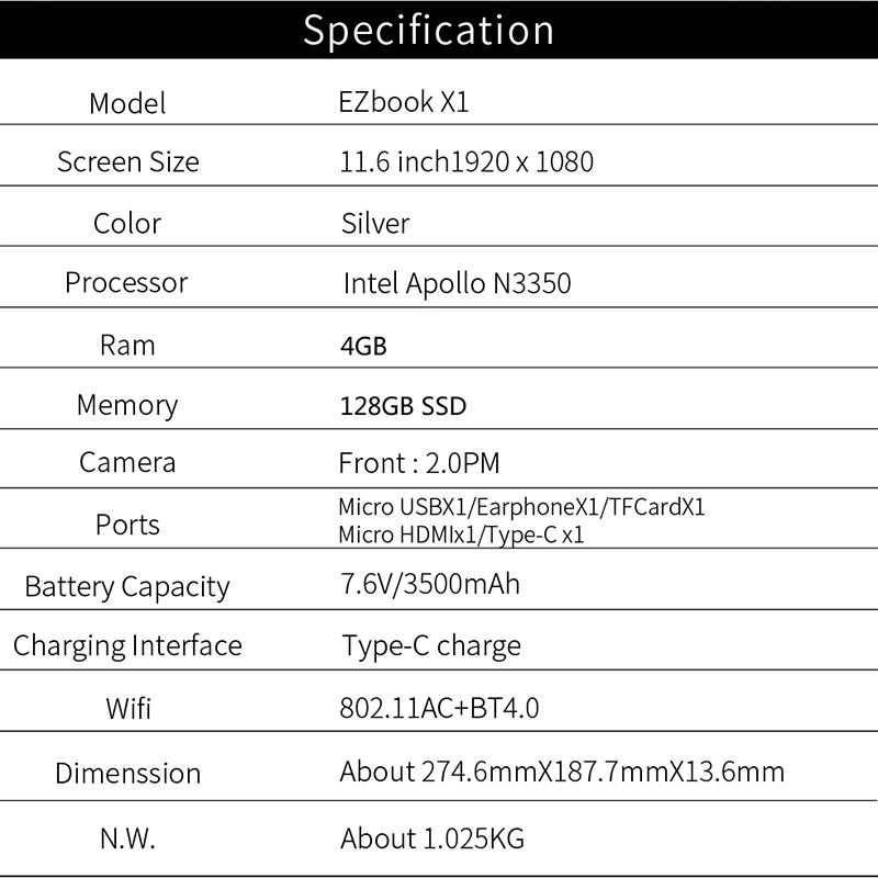 Джемпер Ezbook X1 ноутбук 11,6 дюймов Fhd Ips сенсорный экран 360 градусов Поворот ультрабук 4 Гб + 128 ГБ 2,4 г/5 ГГц Wifi ноутбук