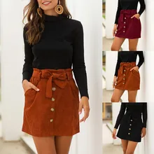 Women Fashion Corduroy Hight Waist Pocket Button Bow Skirt Elastic Short Skirt