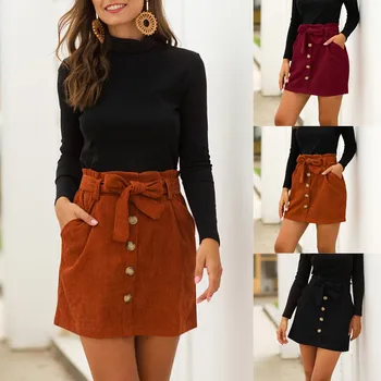

Women Fashion Corduroy Hight Waist Pocket Button Bow Skirt Elastic Short Skirt