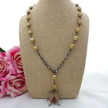 

22'' Champagne Rice Pearl Chain Cz Pave Pendant Necklace