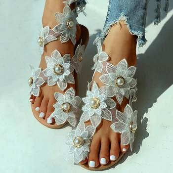 

Women Leisure Sandals Bohemia Style Summer Shoes Beach Vacation Comfortable Flat Sandals Fashion Open Toe Pearl Flower Sandals