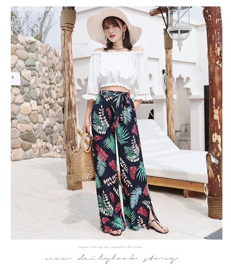 Летнее пляжный отдых Boho Широкие Брюки Высокая талия свободное с цветочным принтом длинные женские брюки повседневные женские Гавайские тайские брюки