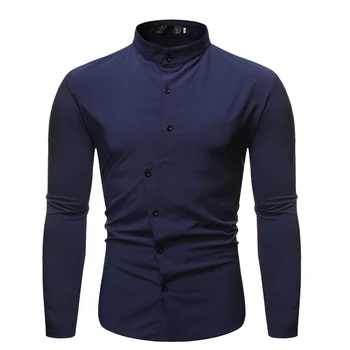 

2019 New style Fashion Men spring slim fit Leisure pure cotton long sleeve shirts/Male Stand collar irregular Business shirt 2XL