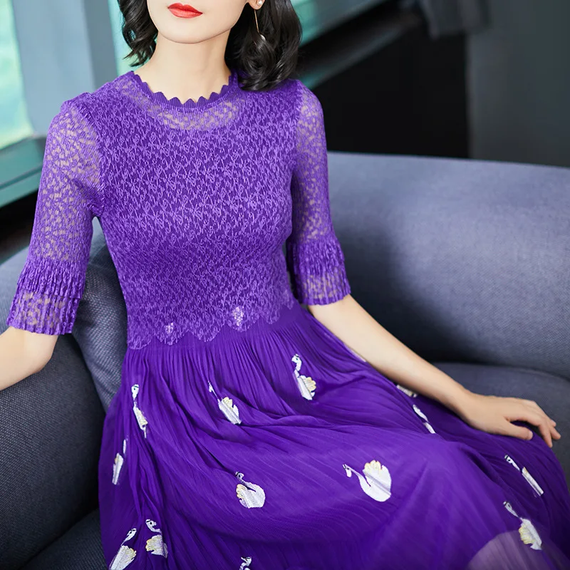Violet Модная новинка, плиссированная ткань для женщин, модное женское платье с коротким рукавом и вышивкой в стиле пэчворк, Сетчатое эластичное летнее платье YG553 - Цвет: Violet