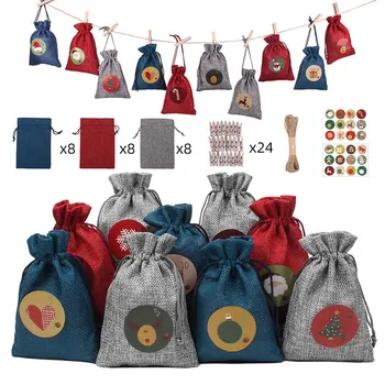 

Gift-Bag Christmas Set Burlap Bag Stocking Calendar Countdown Hanging Bag Candy Packaging Santa-Claus New-Year Decoration 24pcs