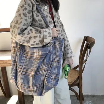 

Women Wool Tartan Plaid Handbags Woolen Grey Brown Scottish Pattern Shoulder Bag Shopping Totes Cross Body Strap Messenger Pack