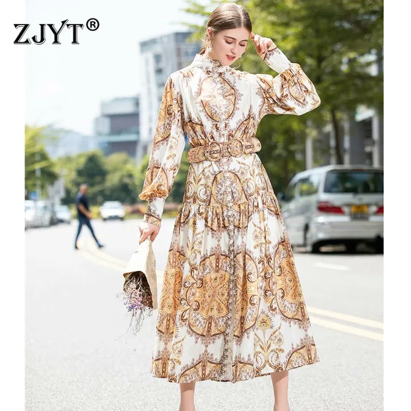 

Fashion Designer Runway Maxi Dress Long Sleeve Autumn Women's Lantern Sleeve Vintage Print Casual Vacation Dress Female Vestidos