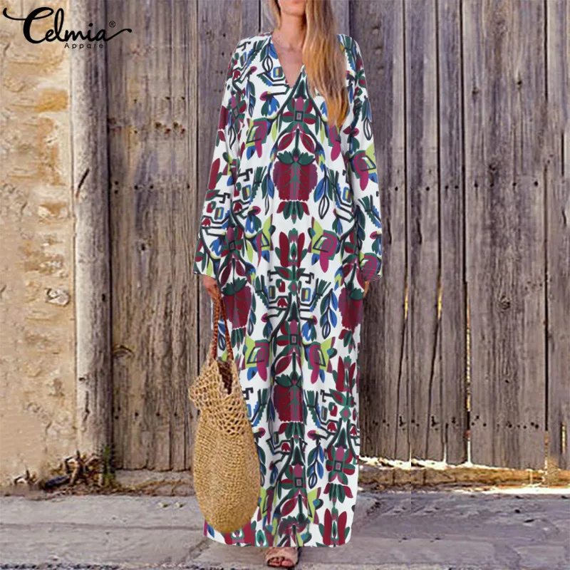 Vestido Maxi bohemio 2019 mujeres otoño estampado Sarafans vestido Casual suelto manga larga Sexy pico vacaciones largos 5XL -