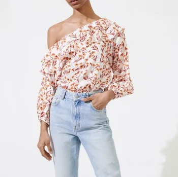 

2020 Spring and Summer Ruffles Single off-Shoulder floral Printed one Shoulder women's sexy Elegant Shirt