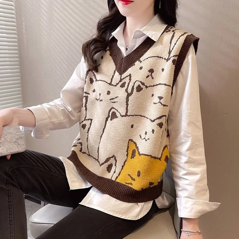 

Preppy Style Kawaii Women Warm V-neck Vest Cartoon Cute Cat Knitted Tops Sweater Female Waistcoat Chic Casual Sleeveless Jacket