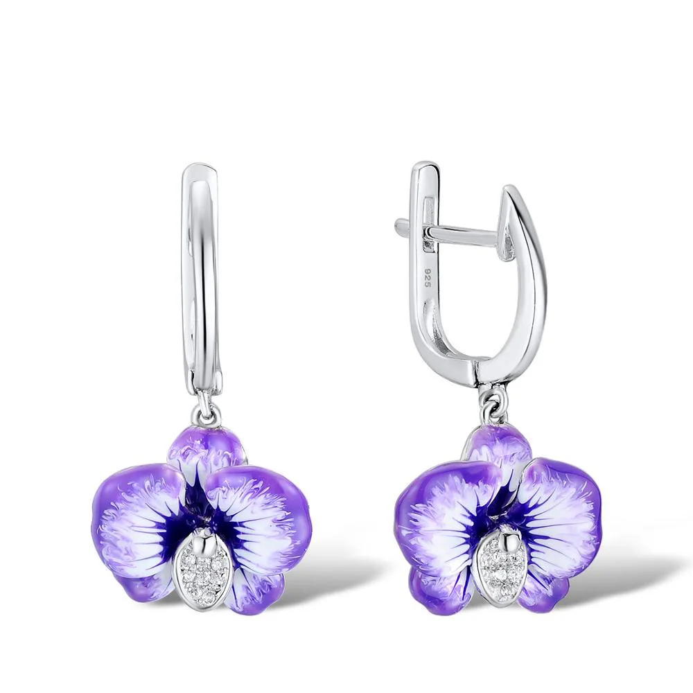 Women Elegant Temperament Flower 925 Silver Drop Necklace Handmade Purple Enamel Pendant Drop Dangle Earrings Fashion Jewelry