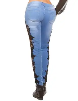 

MISSKY Women Pants Sexy Denim Skinny Jeans Crochet Lace Hollow out Pencil Jeans Pants Trousers