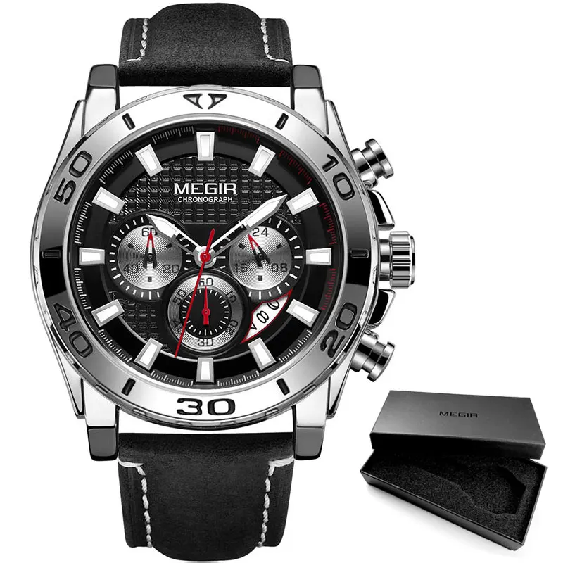 MEGIR Мужские кварцевые часы с кожаным ремешком водонепроницаемые светящиеся армейские спортивные наручные часы с хронографом мужские часы 2094 золотые - Цвет: ML2094G-Silver