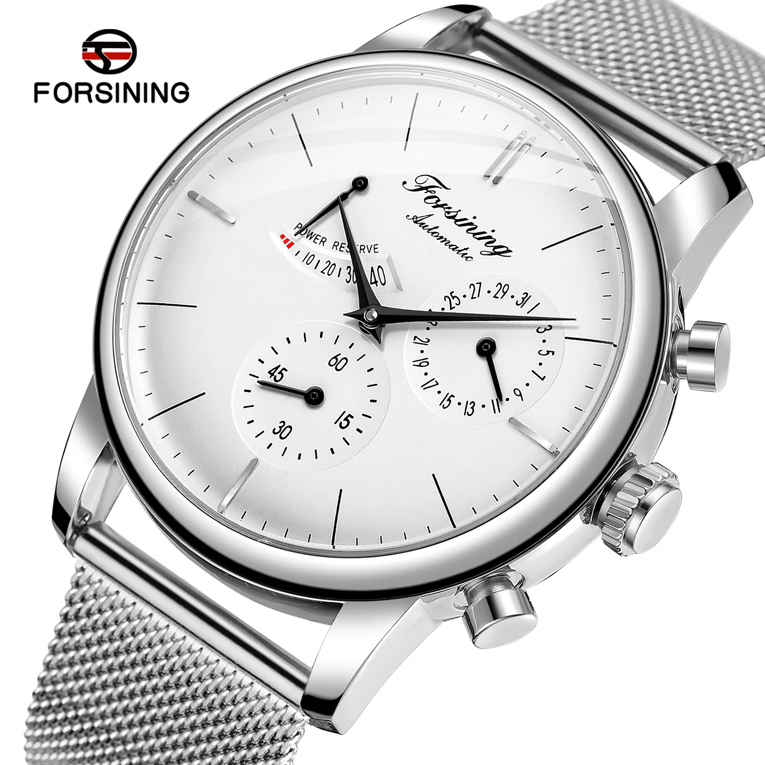 Forsining Power Reserve Design Automatic Mechanical Watch White Dial Mesh Belt Waterproof Luminous Hand Date Clock Box Free Ship
