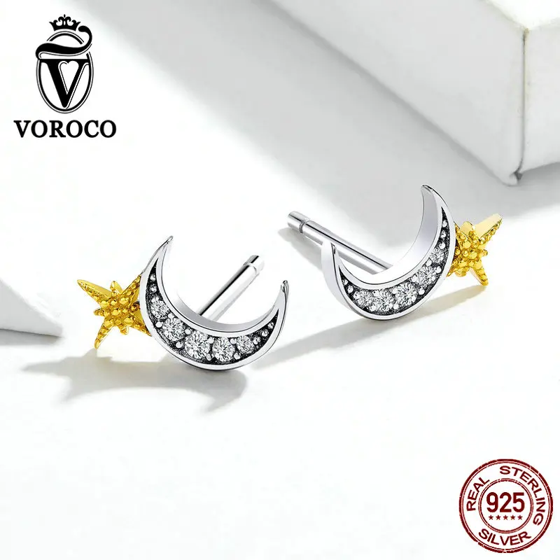 VOROCO, 925 пробы, серебряные, желтые, Золотая шпилька, серьги с Луной и звездами, звездная ночь для женщин, Антиаллергенная, тонкая драгоценность, BKE729