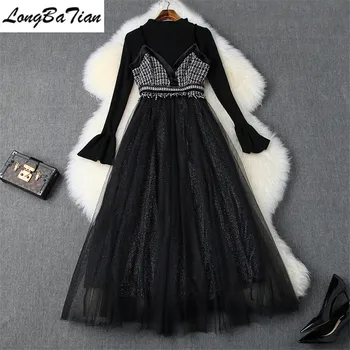 

Winter Flare Sleeve Turtleneck Pullover Tassel Patchwork Mesh Strap 2 Piece Women Black Patry Dress Set